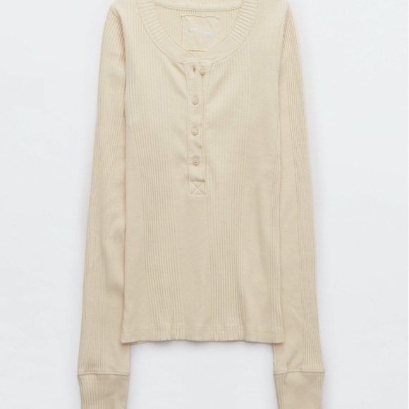 aerie Tops - Aerie Road Trip Long Sleeve Henley T-Shirt (Cream) - Size Large